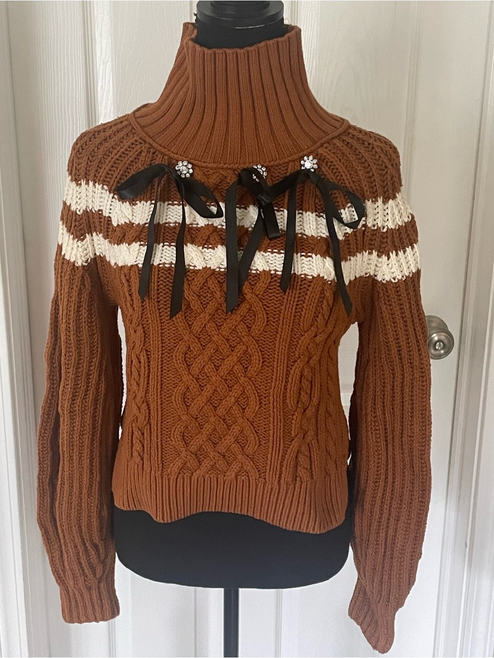 Maeve for Anthropologie Rust Cable Knit Turtleneck Sweater with rhinestones